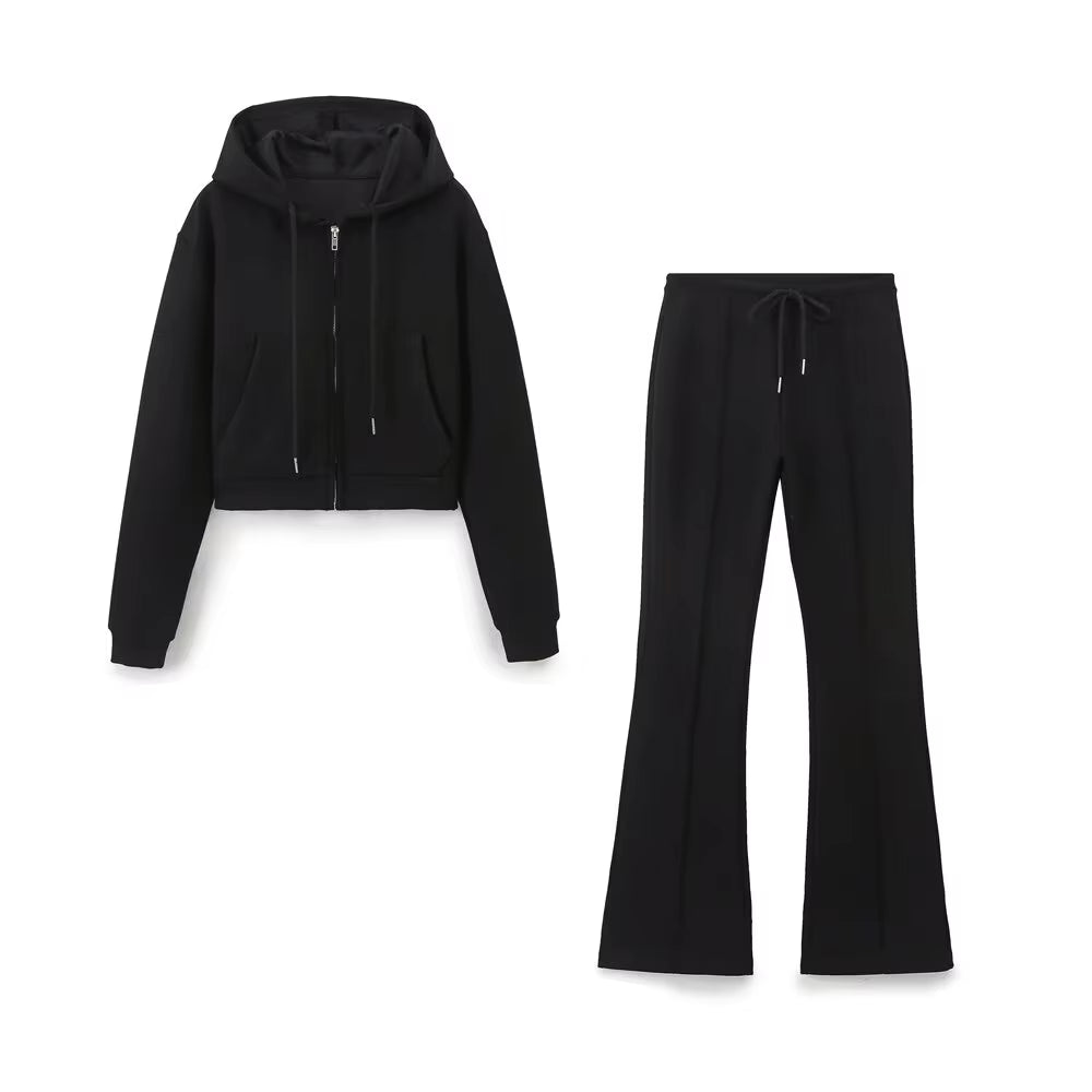 RARA Women'S Hooded Zip up Cropped Jacket and Drawstring Flared Pants Set Cozy and Stylish for Daily and Sporty Looks