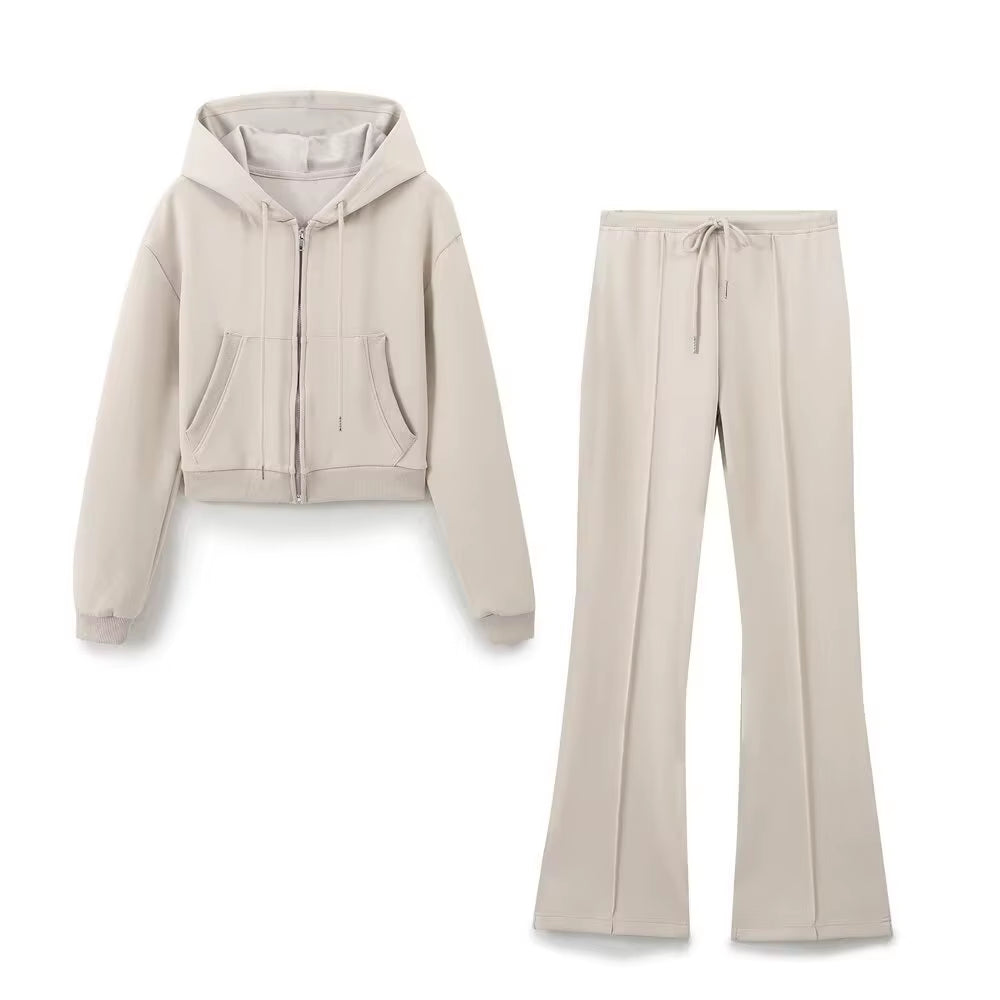 RARA Women'S Hooded Zip up Cropped Jacket and Drawstring Flared Pants Set Cozy and Stylish for Daily and Sporty Looks