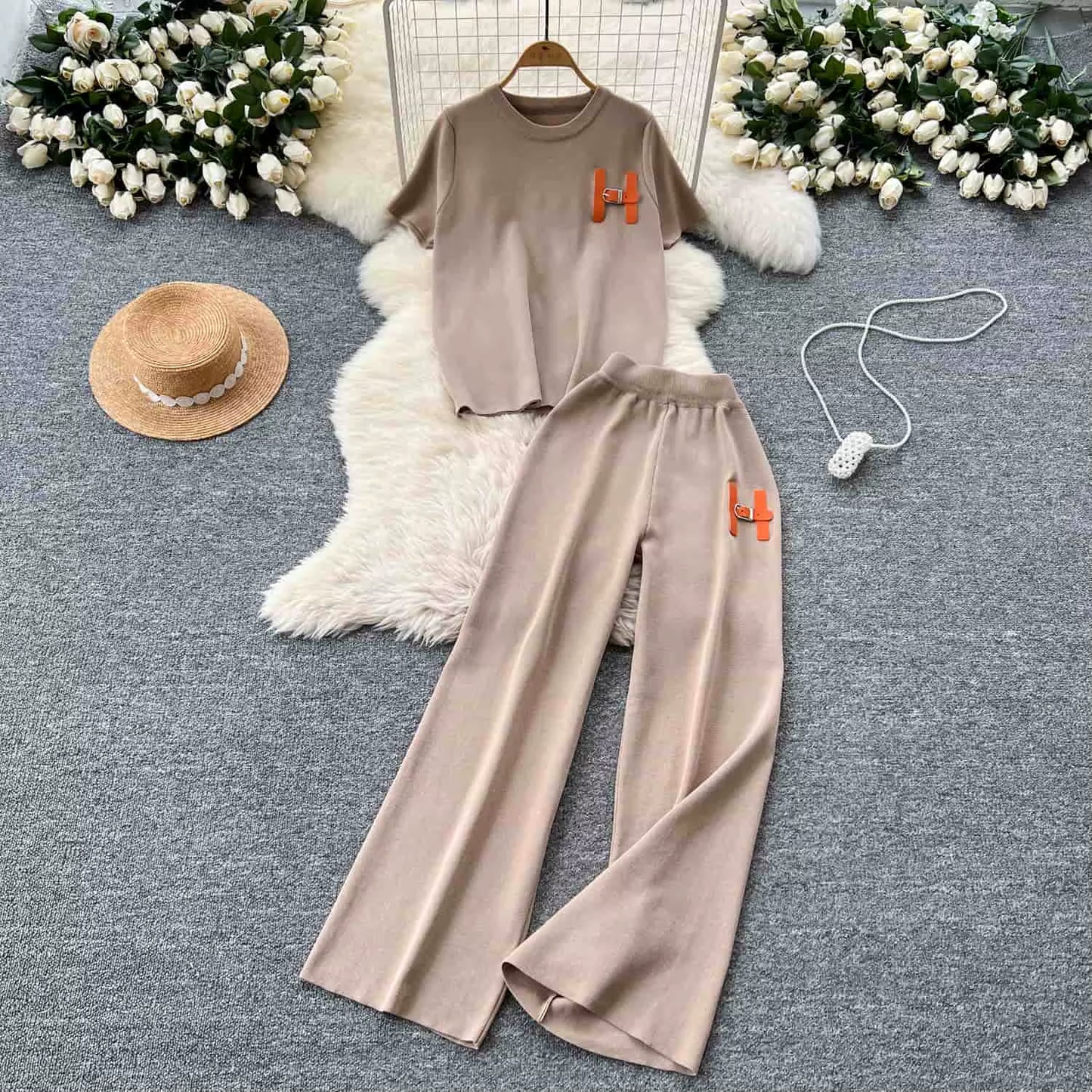 Leisure Knitted Set 2025 Summer Fashion Letter Embroidered Sweater and Wide Leg Pants Set Two Piece Set