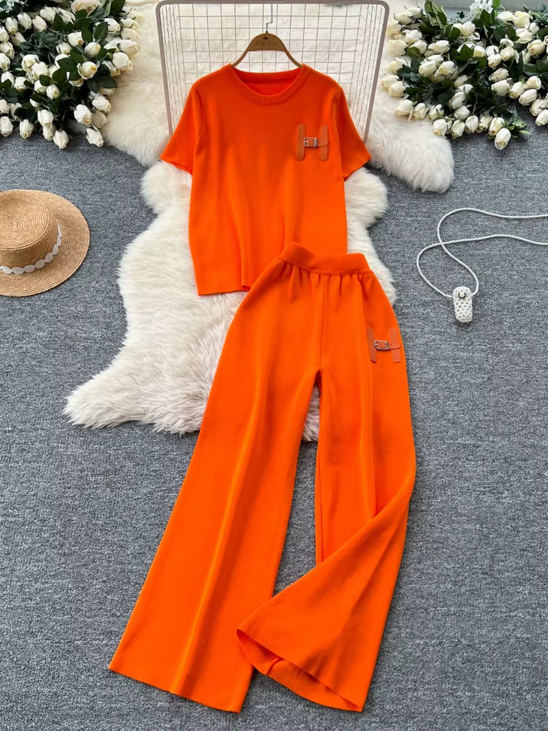 Leisure Knitted Set 2025 Summer Fashion Letter Embroidered Sweater and Wide Leg Pants Set Two Piece Set