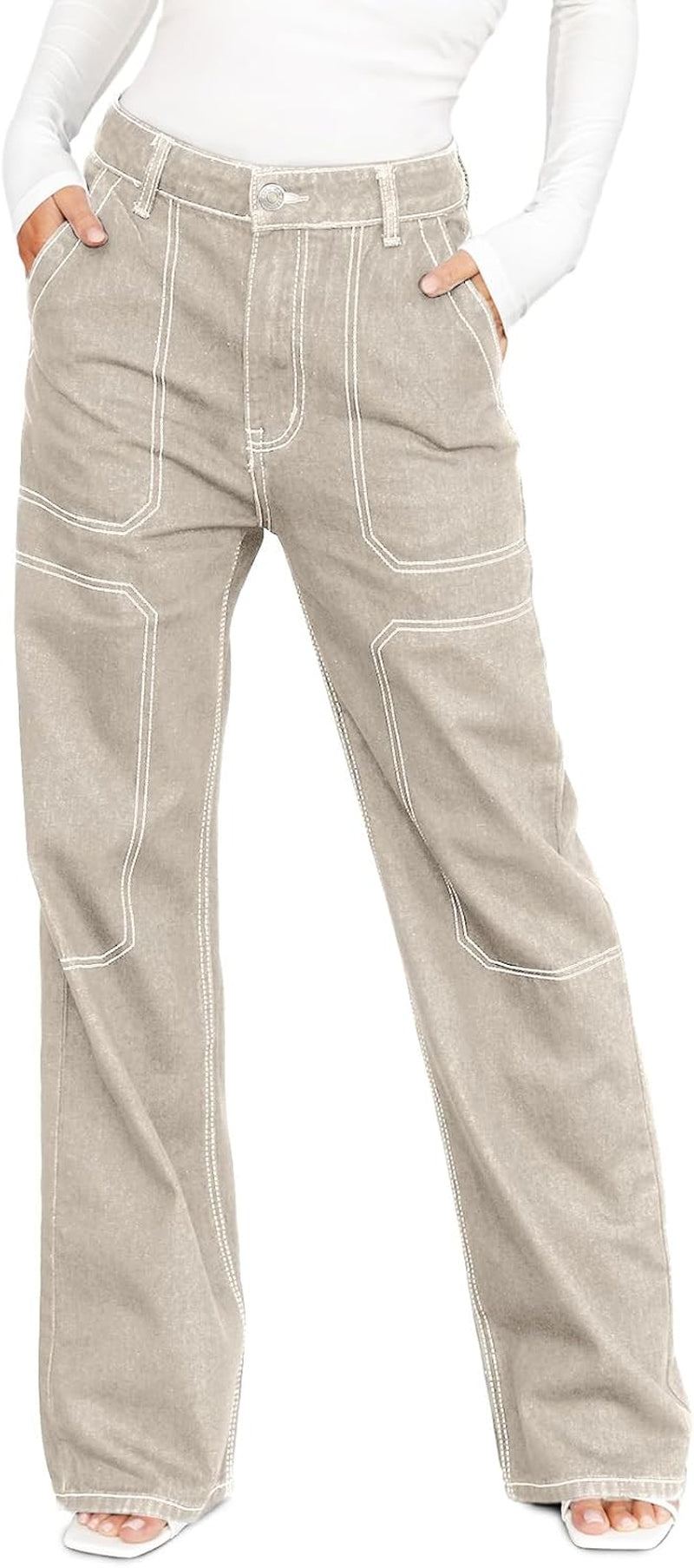 Women'S Casual Mid Waist Cargo Jeans Stretch Wide Leg Denim Pants with Pockets