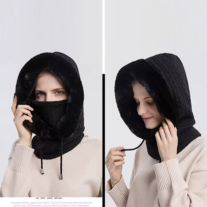 Women 3 In1 Knitted Caps Winter Warmer Unisex Hooded Hat Neck Collar Scarf Cap for Men&Women Ski Beanie Hats Cold Hat Balaclava