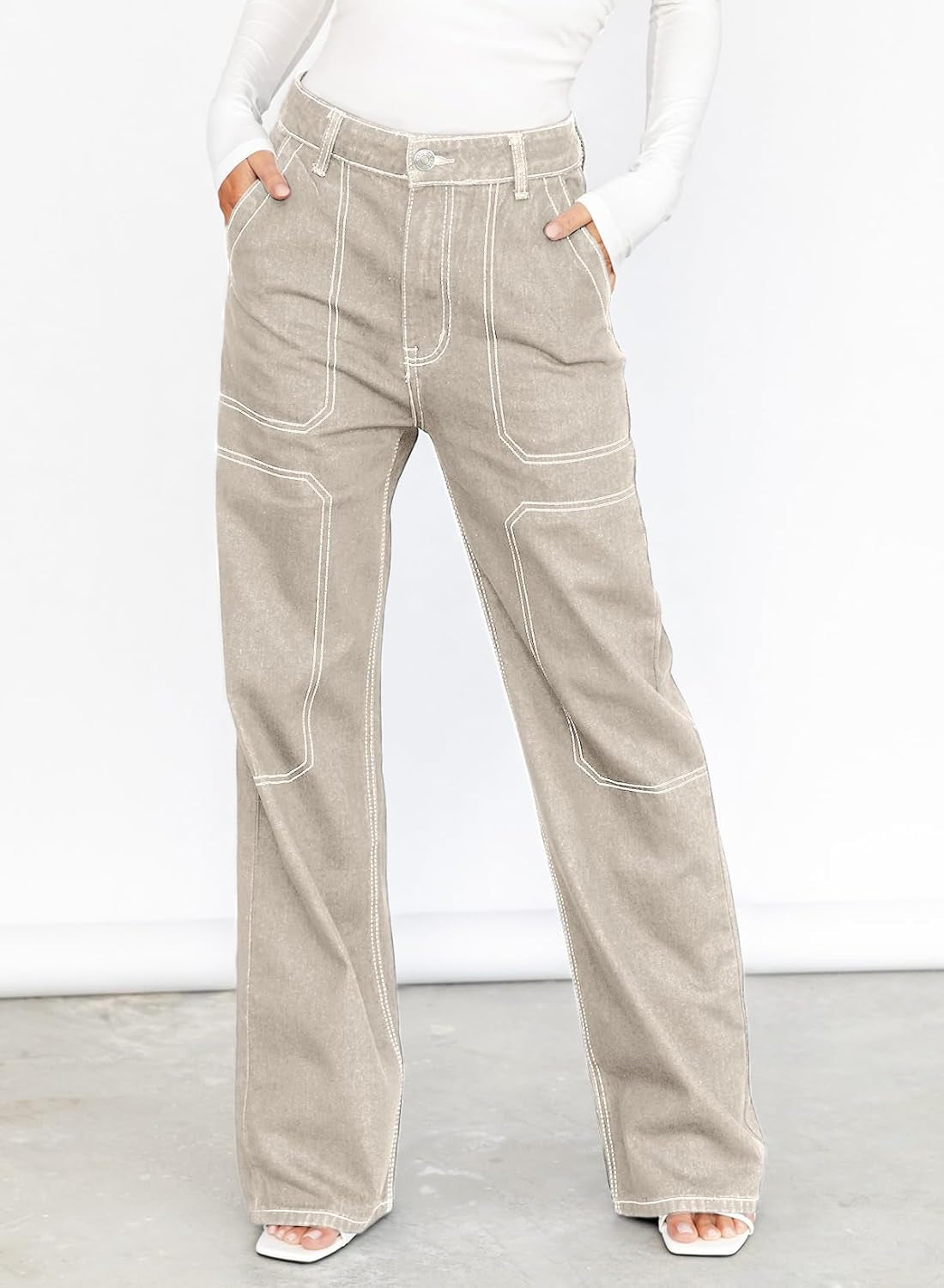 Women'S Casual Mid Waist Cargo Jeans Stretch Wide Leg Denim Pants with Pockets
