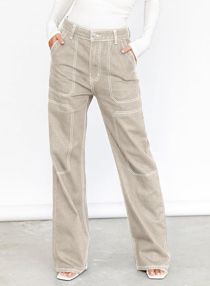 Women'S Casual Mid Waist Cargo Jeans Stretch Wide Leg Denim Pants with Pockets