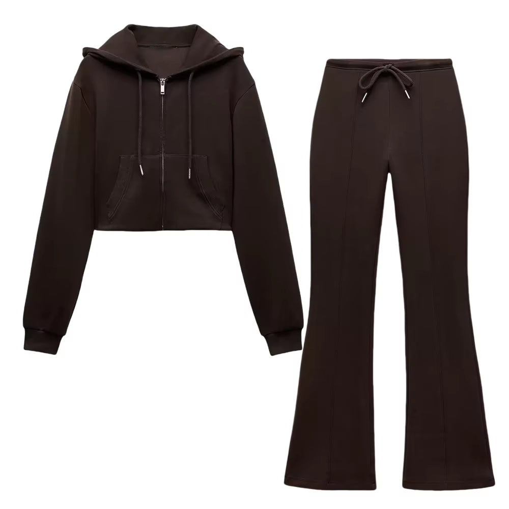 RARA Women'S Hooded Zip up Cropped Jacket and Drawstring Flared Pants Set Cozy and Stylish for Daily and Sporty Looks