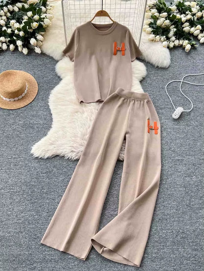 Leisure Knitted Set 2025 Summer Fashion Letter Embroidered Sweater and Wide Leg Pants Set Two Piece Set