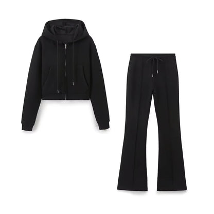 RARA Women'S Hooded Zip up Cropped Jacket and Drawstring Flared Pants Set Cozy and Stylish for Daily and Sporty Looks