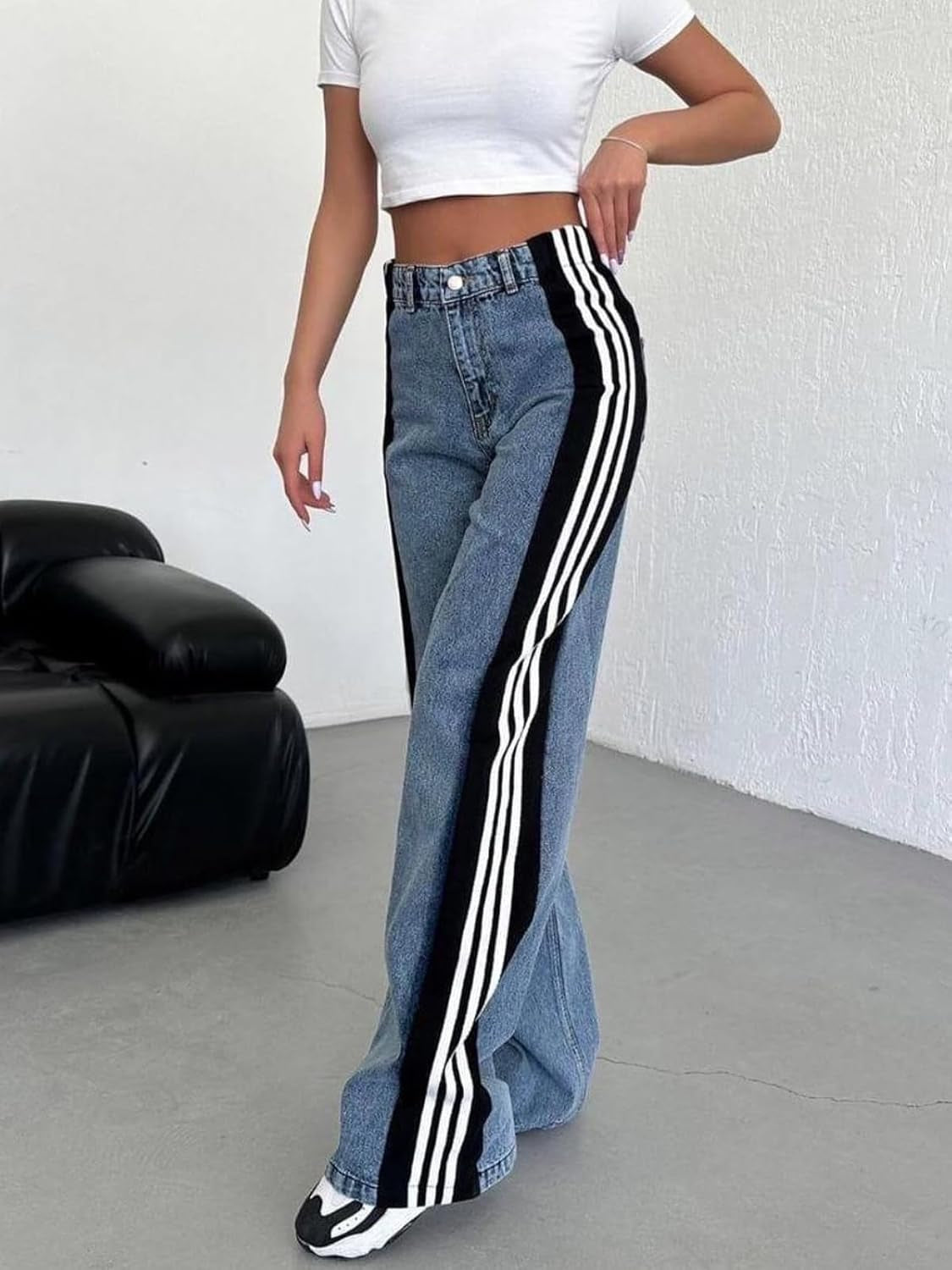 Womens Jeans with Patchwork Stripes High Waisted Stretchy Denim Color Block Straight Wide Leg Trendy Jean
