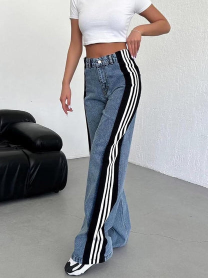 Womens Jeans with Patchwork Stripes High Waisted Stretchy Denim Color Block Straight Wide Leg Trendy Jean