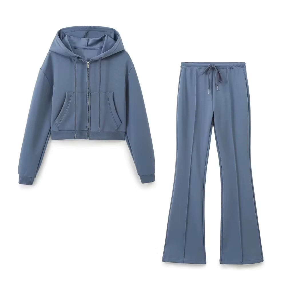 RARA Women'S Hooded Zip up Cropped Jacket and Drawstring Flared Pants Set Cozy and Stylish for Daily and Sporty Looks
