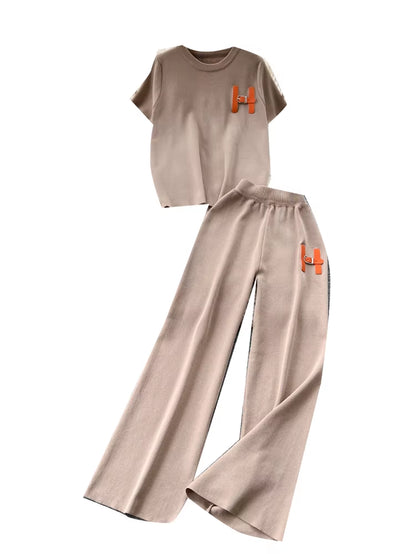 Leisure Knitted Set 2025 Summer Fashion Letter Embroidered Sweater and Wide Leg Pants Set Two Piece Set