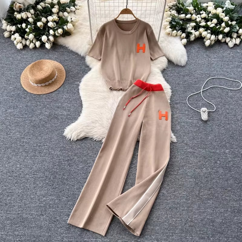 Women'S New Korean Version Loose Letter Embroidered Knitted T-Shirt Top+High Waist Slimming Wide Leg Pants Two-Piece Set