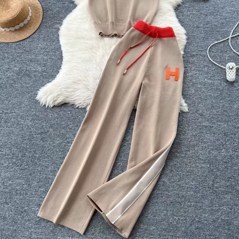 Women'S New Korean Version Loose Letter Embroidered Knitted T-Shirt Top+High Waist Slimming Wide Leg Pants Two-Piece Set