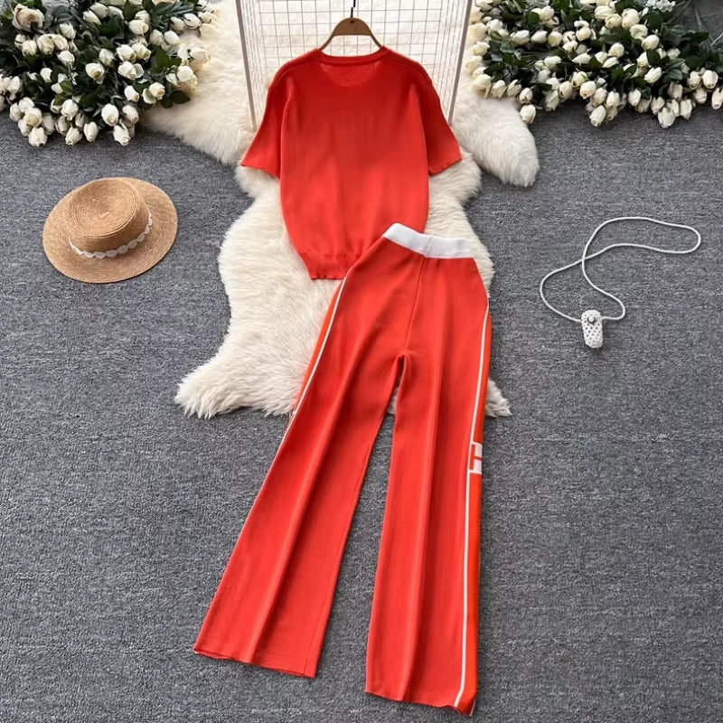 Women'S New Korean Version Loose Letter Embroidered Knitted T-Shirt Top+High Waist Slimming Wide Leg Pants Two-Piece Set