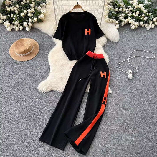 Women'S New Korean Version Loose Letter Embroidered Knitted T-Shirt Top+High Waist Slimming Wide Leg Pants Two-Piece Set