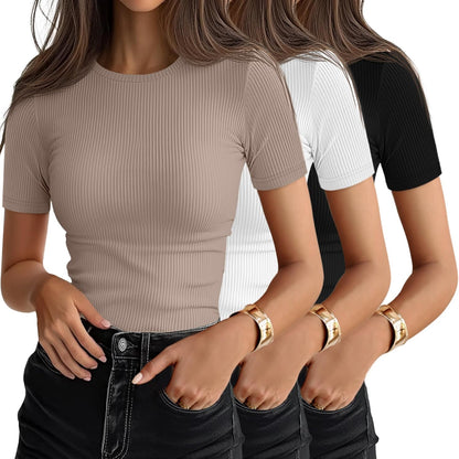 3 Pack Women'S Ribbed T-Shirts, Cotton Short Sleeve Basic Tees Crewneck Fitted Tops Casual Shirts 2025 Summer Trendy