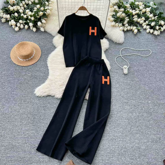 Leisure Knitted Set 2025 Summer Fashion Letter Embroidered Sweater and Wide Leg Pants Set Two Piece Set