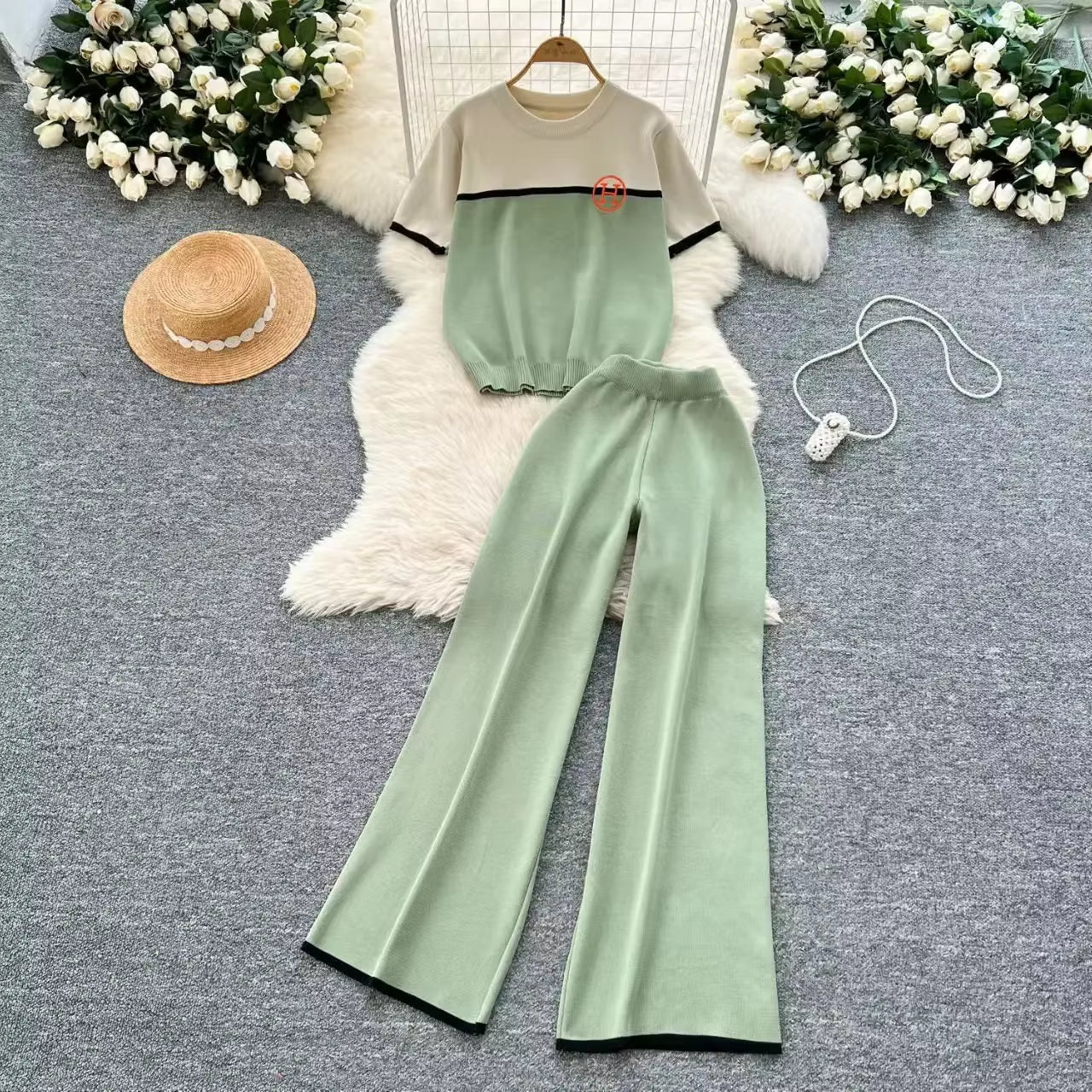 Casual Knitted Two-Piece Set Women'S Fashionable Embroidered Lettering Ensemble Spring Summer New Arrival Age-Defying Design