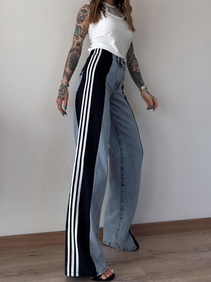 Womens Jeans with Patchwork Stripes High Waisted Stretchy Denim Color Block Straight Wide Leg Trendy Jean