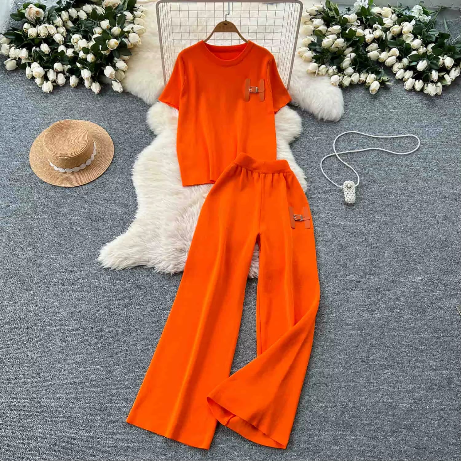 Leisure Knitted Set 2025 Summer Fashion Letter Embroidered Sweater and Wide Leg Pants Set Two Piece Set