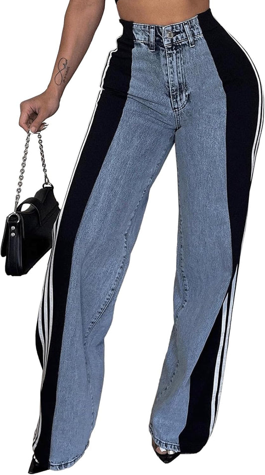 Womens Jeans with Patchwork Stripes High Waisted Stretchy Denim Color Block Straight Wide Leg Trendy Jean