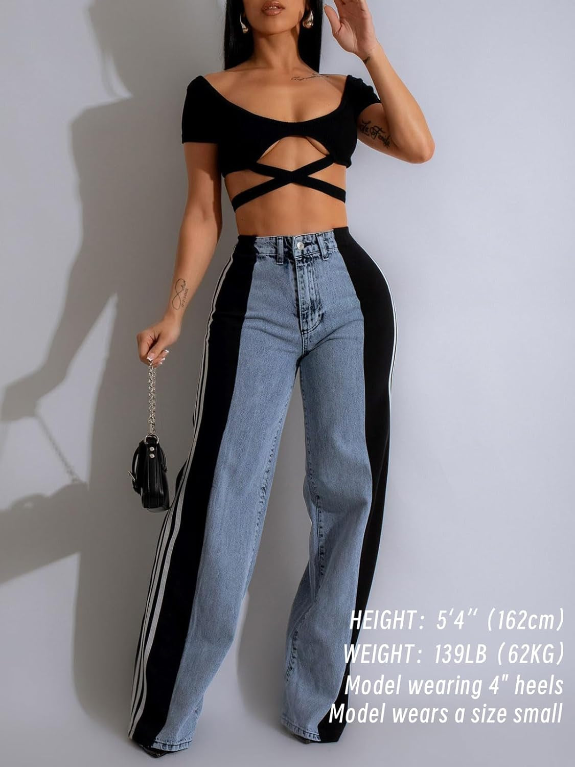 Womens Jeans with Patchwork Stripes High Waisted Stretchy Denim Color Block Straight Wide Leg Trendy Jean