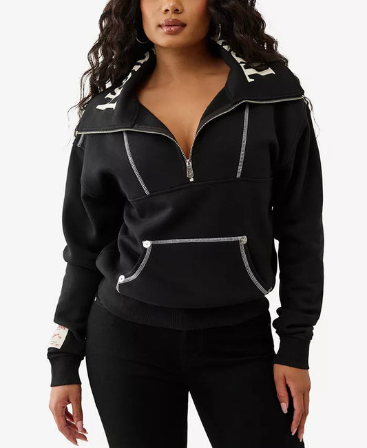 Women'S Contrast Stitch Half Zip True Religion Pullover Sweatshirt
