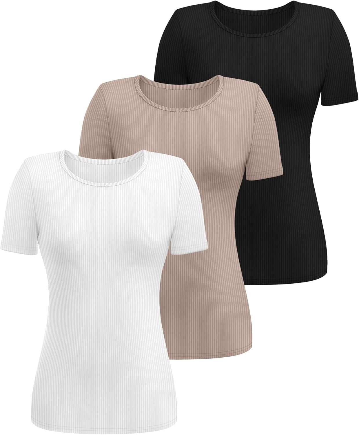 3 Pack Women'S Ribbed T-Shirts, Cotton Short Sleeve Basic Tees Crewneck Fitted Tops Casual Shirts 2025 Summer Trendy