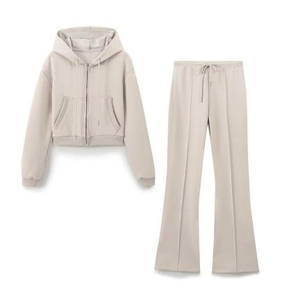 RARA Women'S Hooded Zip up Cropped Jacket and Drawstring Flared Pants Set Cozy and Stylish for Daily and Sporty Looks