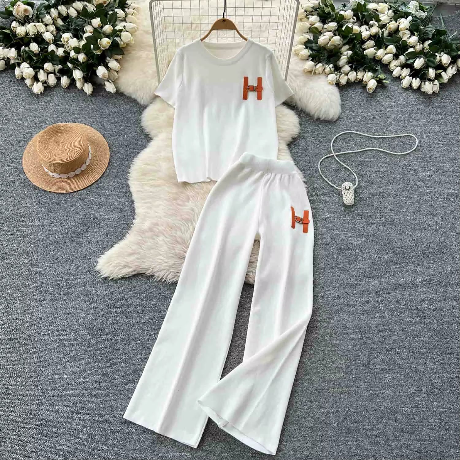 Leisure Knitted Set 2025 Summer Fashion Letter Embroidered Sweater and Wide Leg Pants Set Two Piece Set