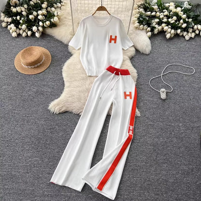 Women'S New Korean Version Loose Letter Embroidered Knitted T-Shirt Top+High Waist Slimming Wide Leg Pants Two-Piece Set