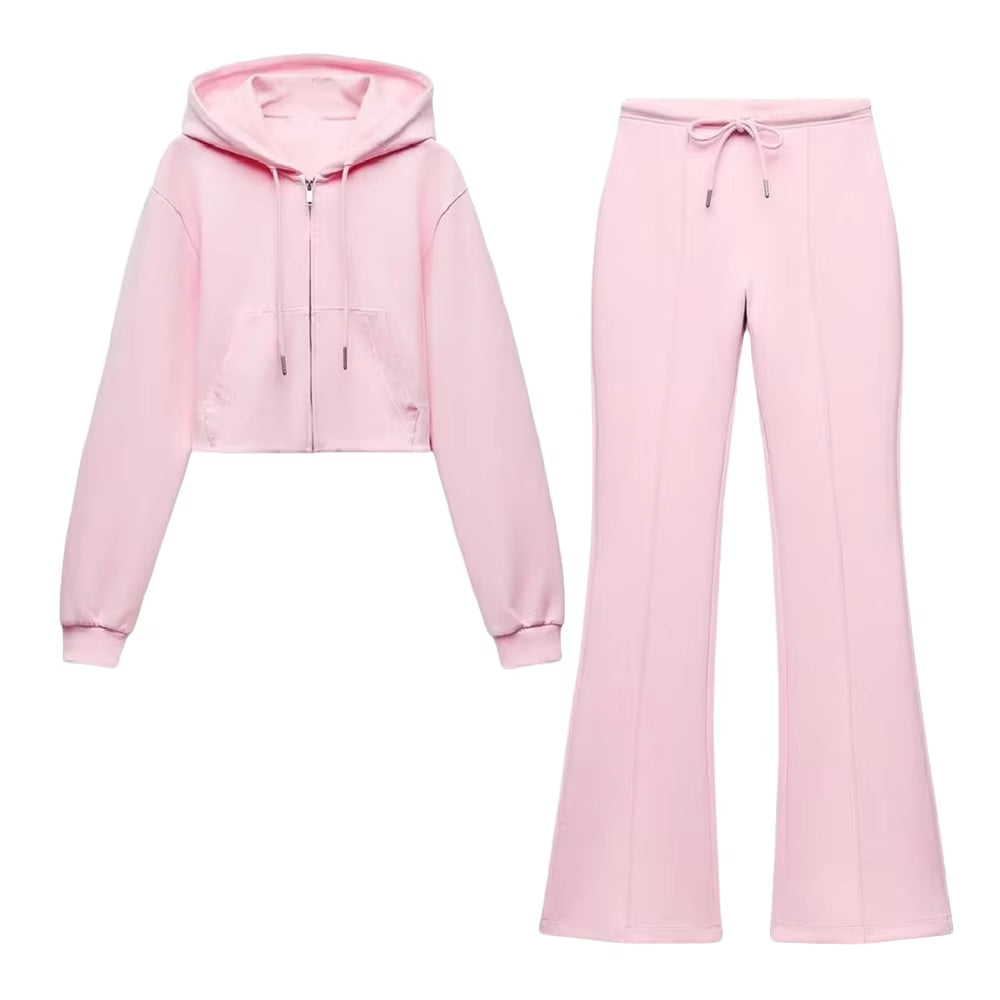 RARA Women'S Hooded Zip up Cropped Jacket and Drawstring Flared Pants Set Cozy and Stylish for Daily and Sporty Looks