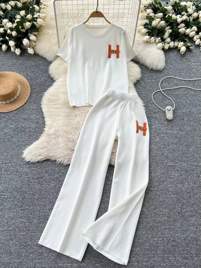 Leisure Knitted Set 2025 Summer Fashion Letter Embroidered Sweater and Wide Leg Pants Set Two Piece Set