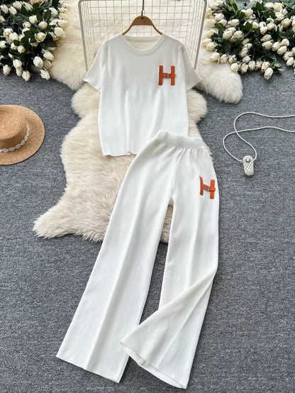 Leisure Knitted Set 2025 Summer Fashion Letter Embroidered Sweater and Wide Leg Pants Set Two Piece Set