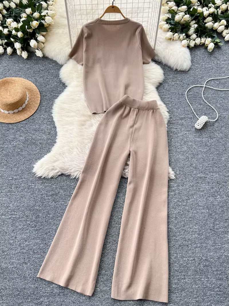 Leisure Knitted Set 2025 Summer Fashion Letter Embroidered Sweater and Wide Leg Pants Set Two Piece Set