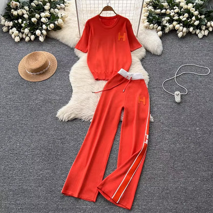 Women'S New Korean Version Loose Letter Embroidered Knitted T-Shirt Top+High Waist Slimming Wide Leg Pants Two-Piece Set