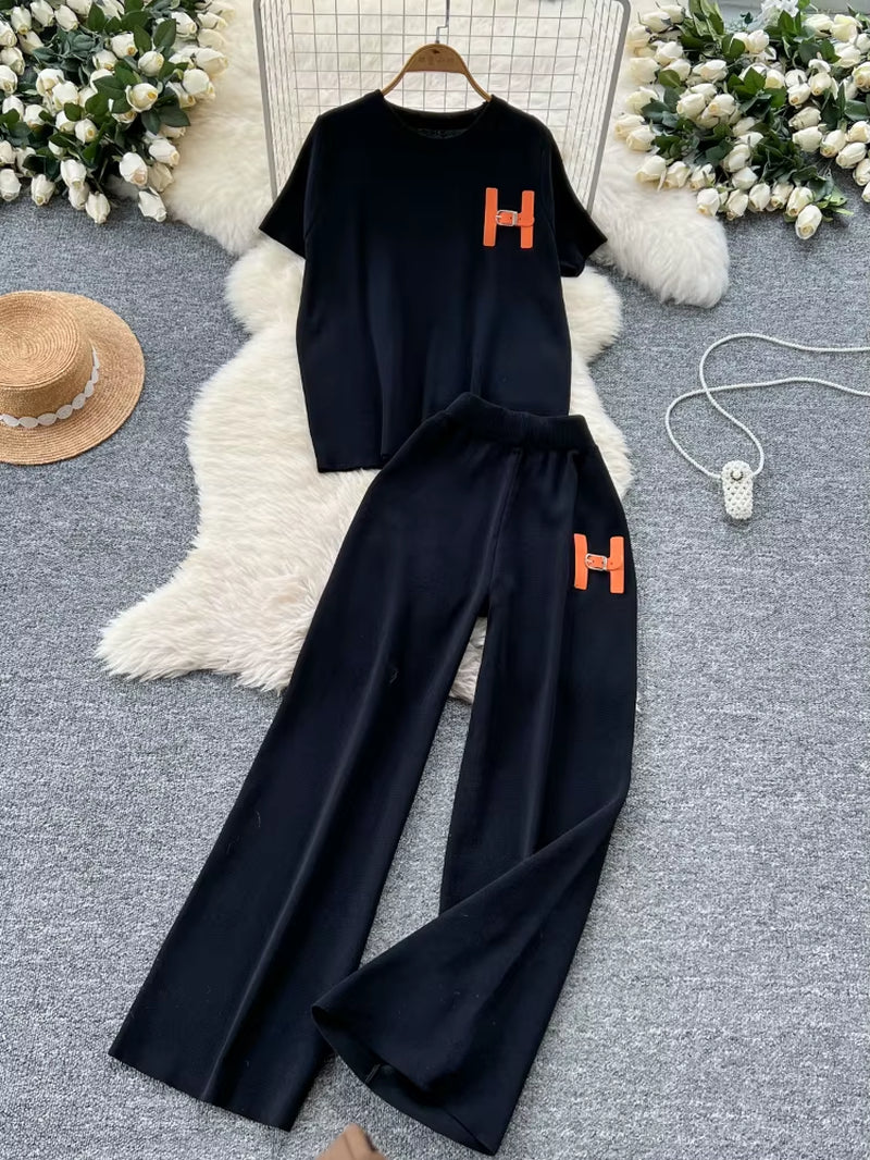 Leisure Knitted Set 2025 Summer Fashion Letter Embroidered Sweater and Wide Leg Pants Set Two Piece Set