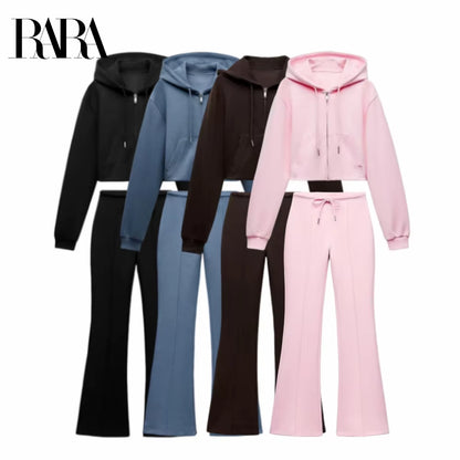 RARA Women'S Hooded Zip up Cropped Jacket and Drawstring Flared Pants Set Cozy and Stylish for Daily and Sporty Looks