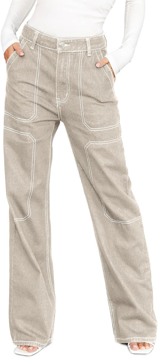 Women'S Casual Mid Waist Cargo Jeans Stretch Wide Leg Denim Pants with Pockets