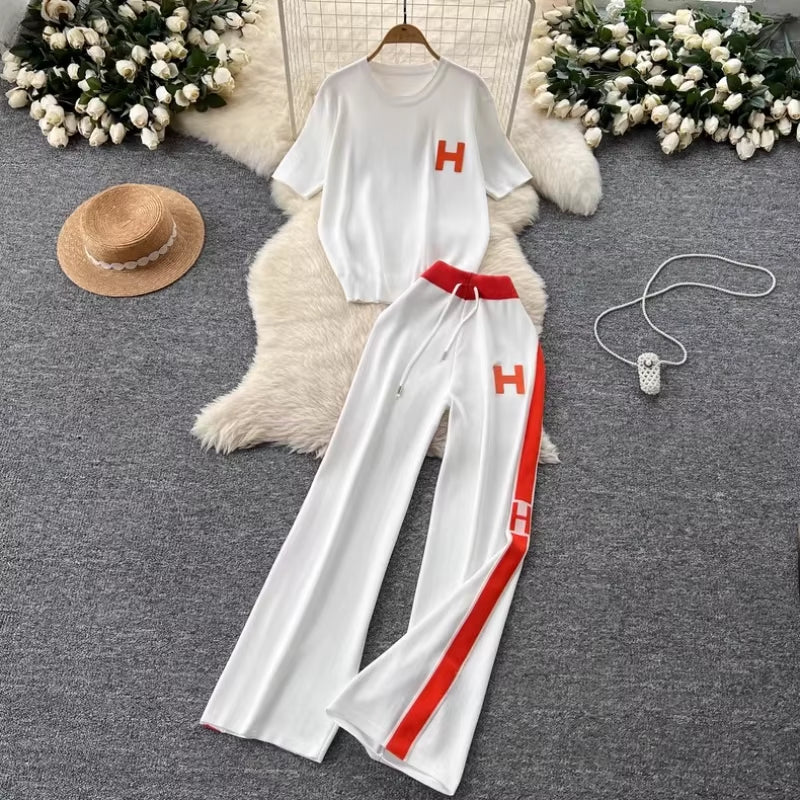 Women'S New Korean Version Loose Letter Embroidered Knitted T-Shirt Top+High Waist Slimming Wide Leg Pants Two-Piece Set
