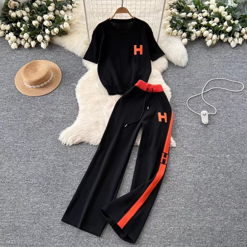 Women'S New Korean Version Loose Letter Embroidered Knitted T-Shirt Top+High Waist Slimming Wide Leg Pants Two-Piece Set