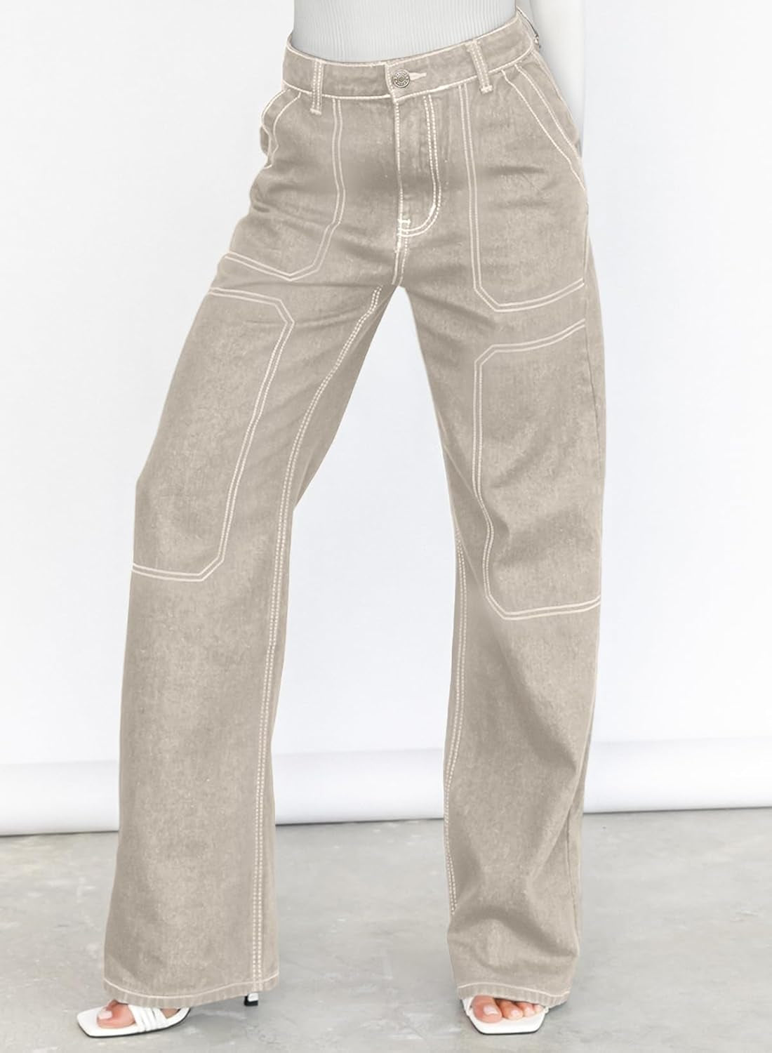 Women'S Casual Mid Waist Cargo Jeans Stretch Wide Leg Denim Pants with Pockets