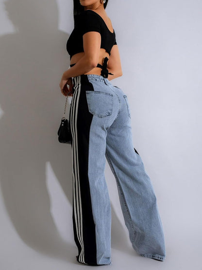Womens Jeans with Patchwork Stripes High Waisted Stretchy Denim Color Block Straight Wide Leg Trendy Jean